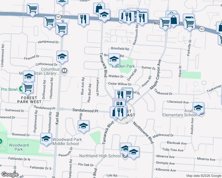 map of restaurants, bars, coffee shops, grocery stores, and more near 1860 Tamarack Circle North in Columbus