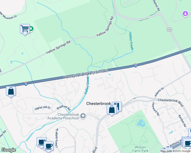 map of restaurants, bars, coffee shops, grocery stores, and more near 62 Iroquois Court in Chesterbrook