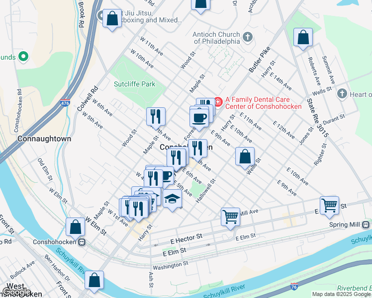 map of restaurants, bars, coffee shops, grocery stores, and more near 700 Fayette Street in Conshohocken