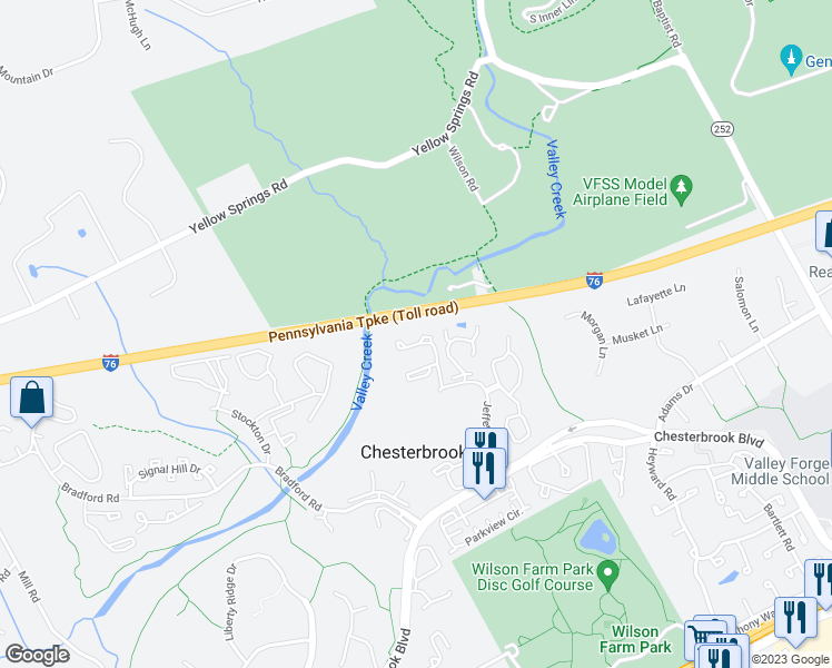 map of restaurants, bars, coffee shops, grocery stores, and more near 71 Iroquois Court in Chesterbrook