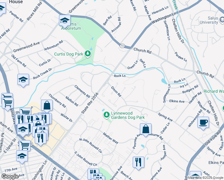 map of restaurants, bars, coffee shops, grocery stores, and more near 7810 Toby Leech Drive in Elkins Park