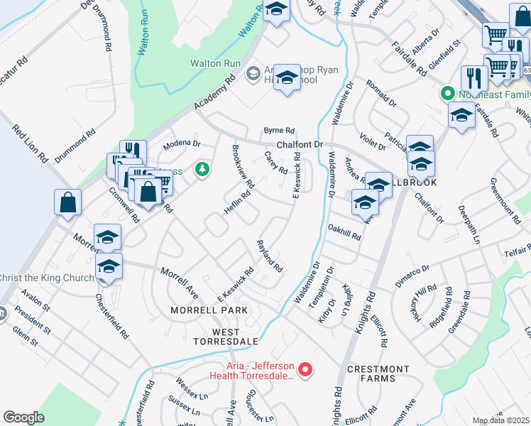 map of restaurants, bars, coffee shops, grocery stores, and more near 3592 Kyle Road in Philadelphia