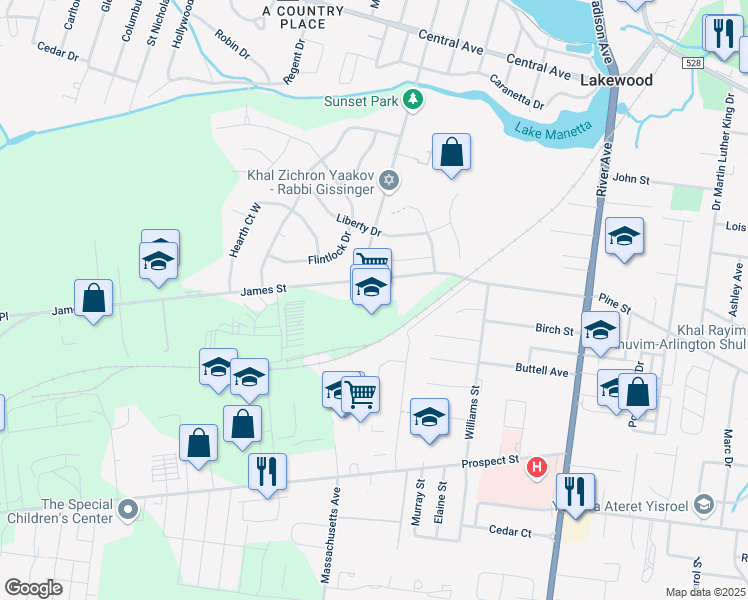 map of restaurants, bars, coffee shops, grocery stores, and more near 150 James Street in Lakewood Township