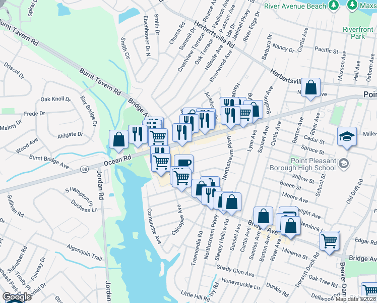 map of restaurants, bars, coffee shops, grocery stores, and more near 3145 Pocahontas Avenue in Point Pleasant