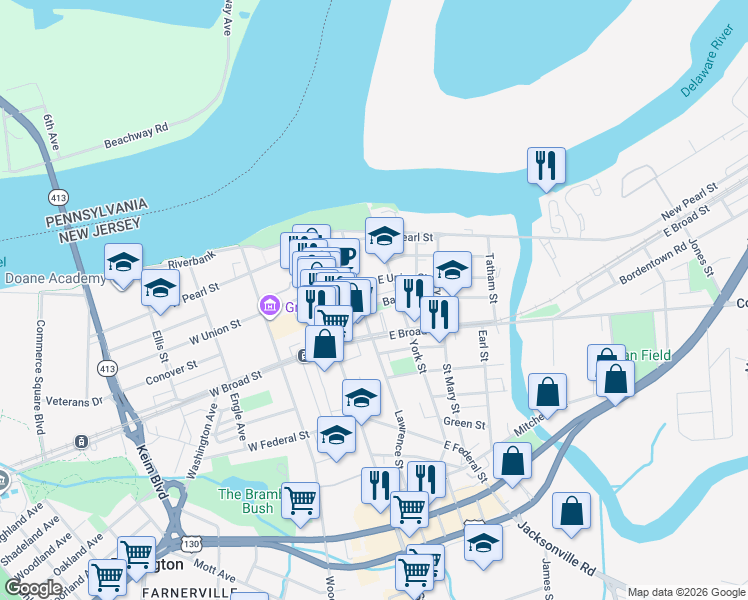 map of restaurants, bars, coffee shops, grocery stores, and more near 115 East Broad Street in Burlington