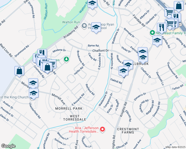 map of restaurants, bars, coffee shops, grocery stores, and more near 3585 Oakhill Road in Philadelphia