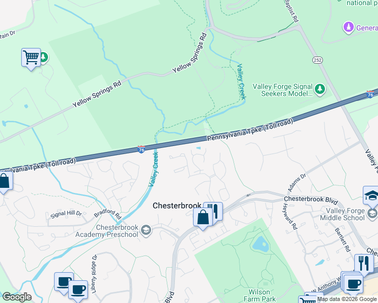 map of restaurants, bars, coffee shops, grocery stores, and more near 205 Springhouse Pond in Chesterbrook