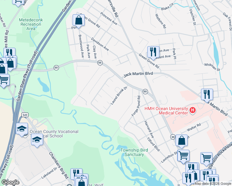 map of restaurants, bars, coffee shops, grocery stores, and more near 502A Laurel Brook Drive in Brick Township
