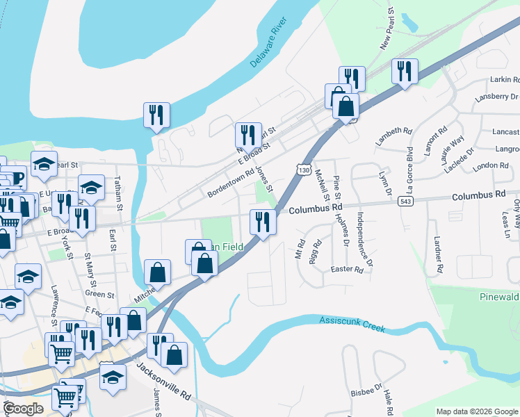 map of restaurants, bars, coffee shops, grocery stores, and more near 875 U.S. 130 in Burlington
