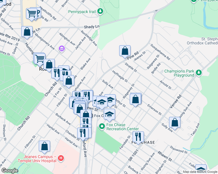 map of restaurants, bars, coffee shops, grocery stores, and more near 8116 Jeanes Street in Philadelphia