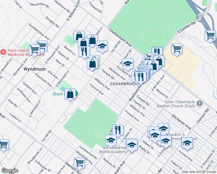 map of restaurants, bars, coffee shops, grocery stores, and more near 8533 Forrest Avenue in Philadelphia