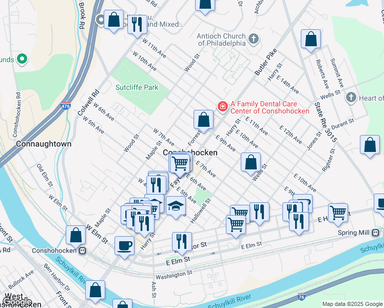 map of restaurants, bars, coffee shops, grocery stores, and more near 613 Fayette Street in Conshohocken