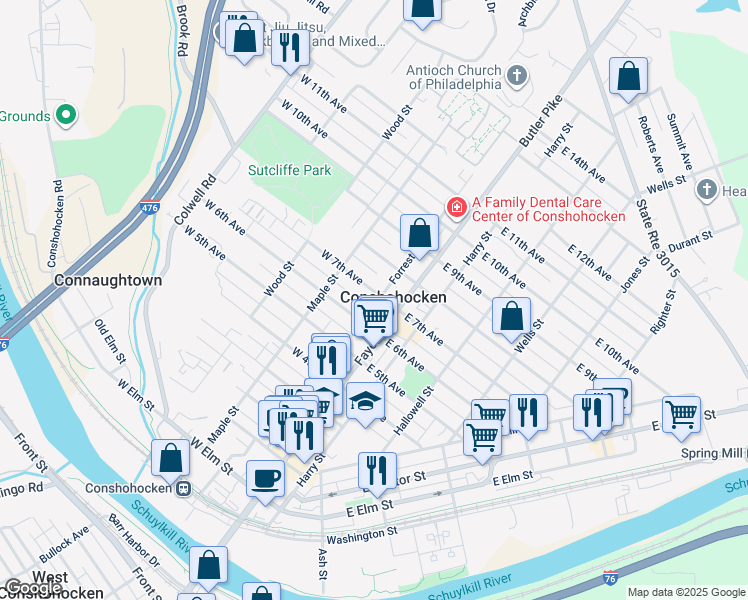map of restaurants, bars, coffee shops, grocery stores, and more near 516 Fayette Street in Conshohocken