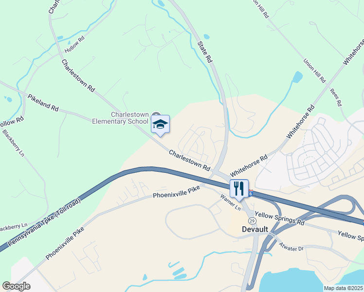 map of restaurants, bars, coffee shops, grocery stores, and more near 102 Shilling Avenue in Malvern