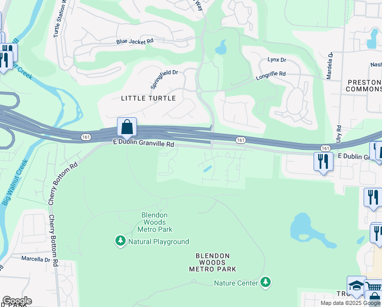 map of restaurants, bars, coffee shops, grocery stores, and more near 5026 Pine Creek Drive in Westerville