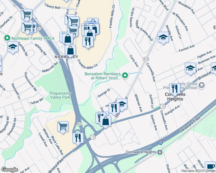 map of restaurants, bars, coffee shops, grocery stores, and more near 1218 Kings Avenue in Bensalem
