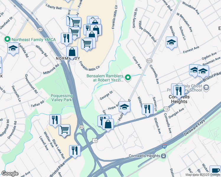 map of restaurants, bars, coffee shops, grocery stores, and more near 1218 Kings Avenue in Bensalem