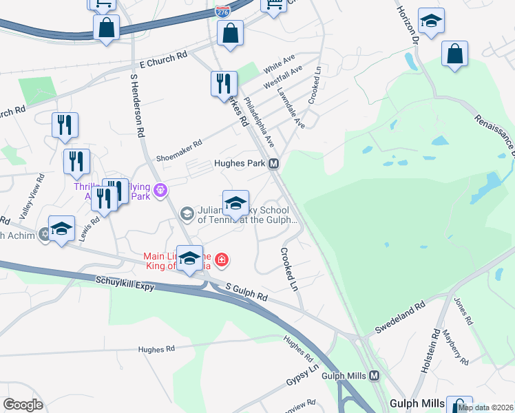 map of restaurants, bars, coffee shops, grocery stores, and more near 636 School Line Drive in King of Prussia