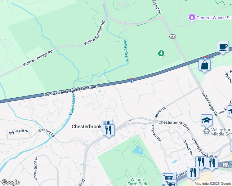 map of restaurants, bars, coffee shops, grocery stores, and more near 38 Treaty Drive in Chesterbrook