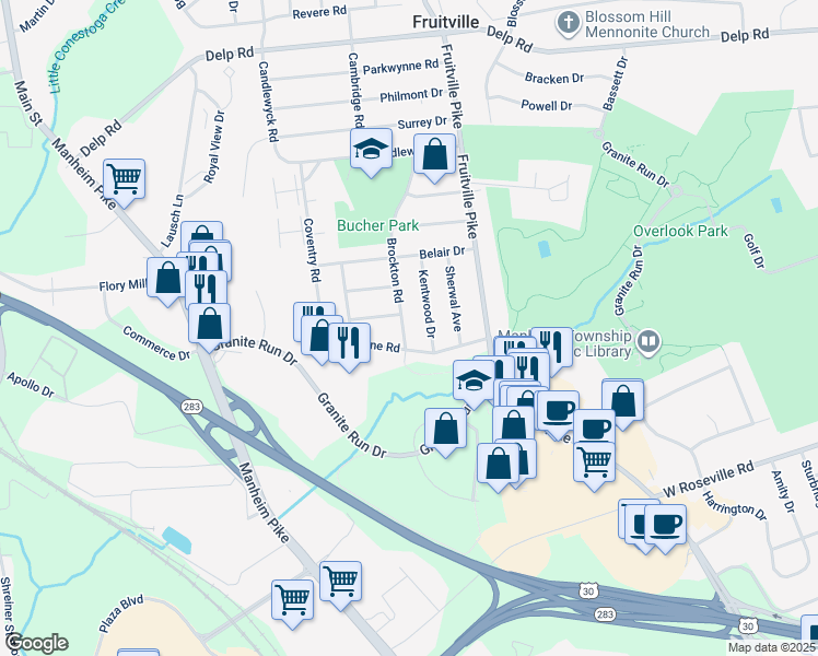map of restaurants, bars, coffee shops, grocery stores, and more near 2129 Brockton Road in Lancaster