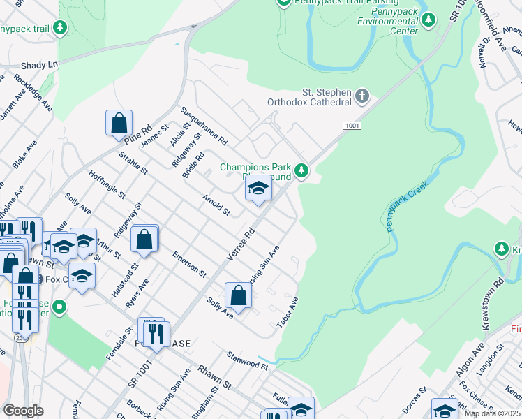 map of restaurants, bars, coffee shops, grocery stores, and more near 8506 Verree Road in Philadelphia