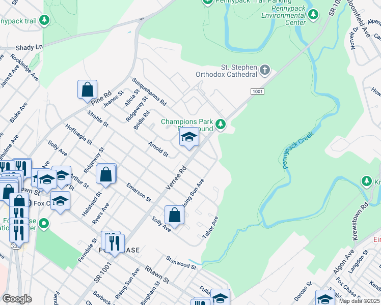 map of restaurants, bars, coffee shops, grocery stores, and more near 8506 Verree Road in Philadelphia