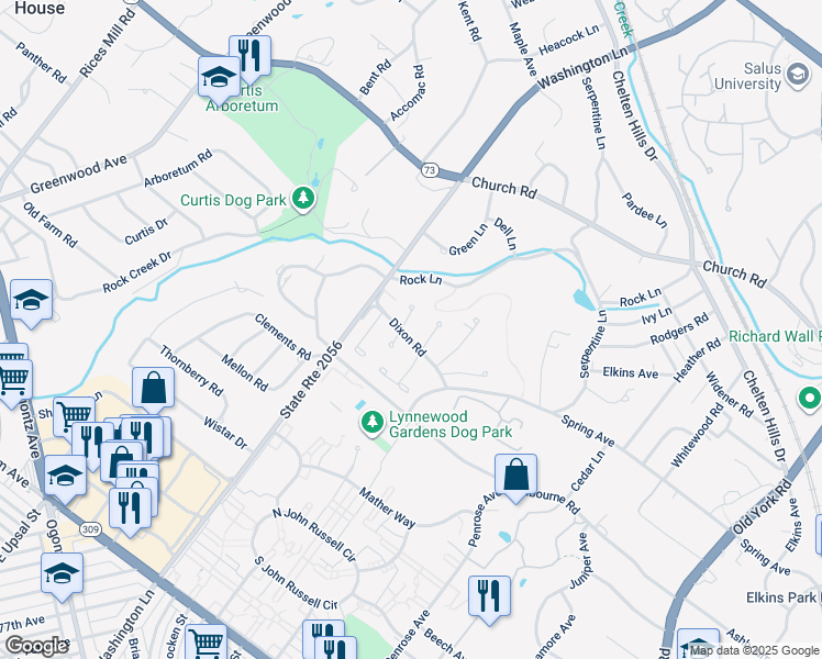 map of restaurants, bars, coffee shops, grocery stores, and more near 7901 Toby Leech Drive in Elkins Park