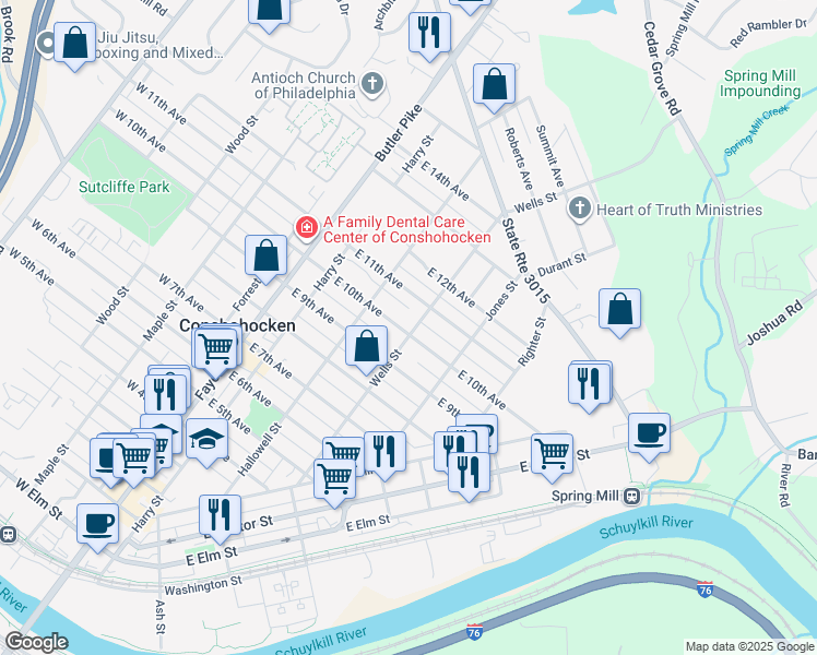 map of restaurants, bars, coffee shops, grocery stores, and more near 1000 Wells Street in Conshohocken