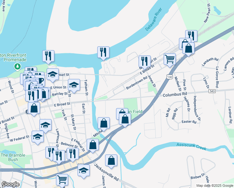 map of restaurants, bars, coffee shops, grocery stores, and more near 607 Bordentown Road in Burlington