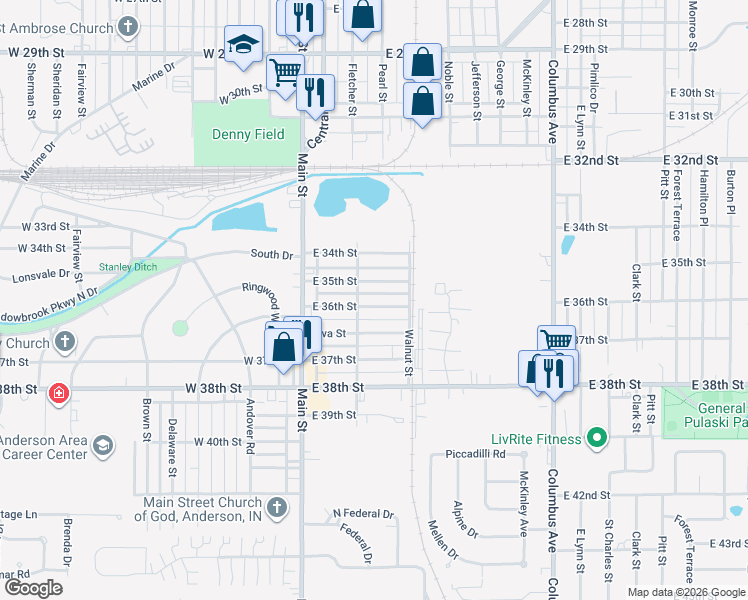 map of restaurants, bars, coffee shops, grocery stores, and more near 406 Elva Street in Anderson