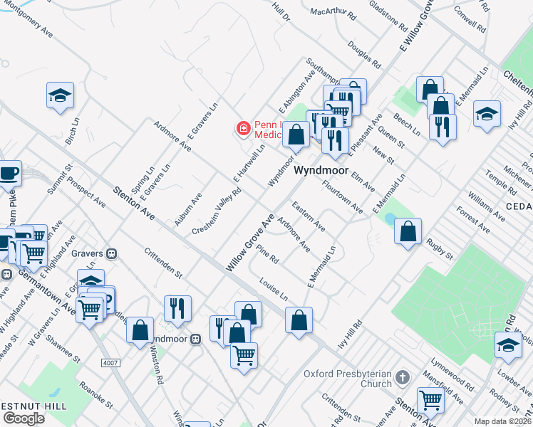 map of restaurants, bars, coffee shops, grocery stores, and more near 7943 Pleasant Street in Wyndmoor