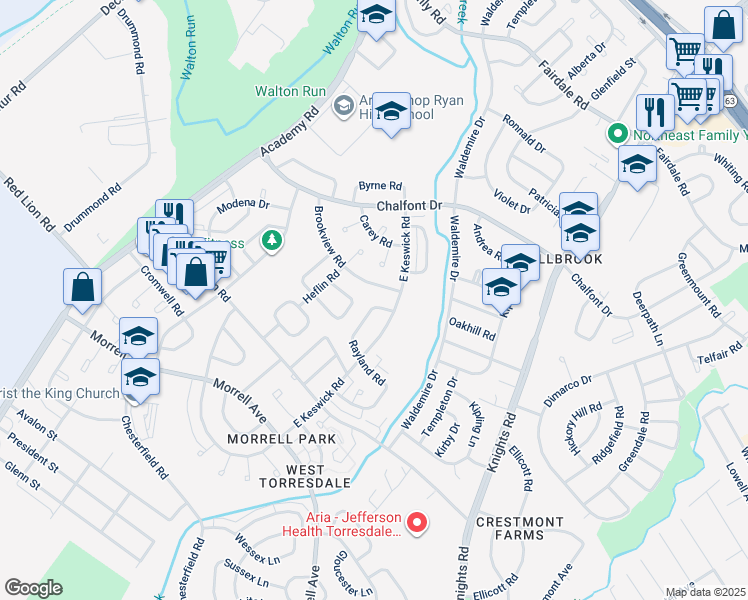 map of restaurants, bars, coffee shops, grocery stores, and more near 3581 Oakhill Road in Philadelphia