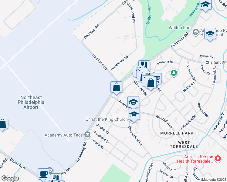 map of restaurants, bars, coffee shops, grocery stores, and more near 10151 Academy Road in Philadelphia