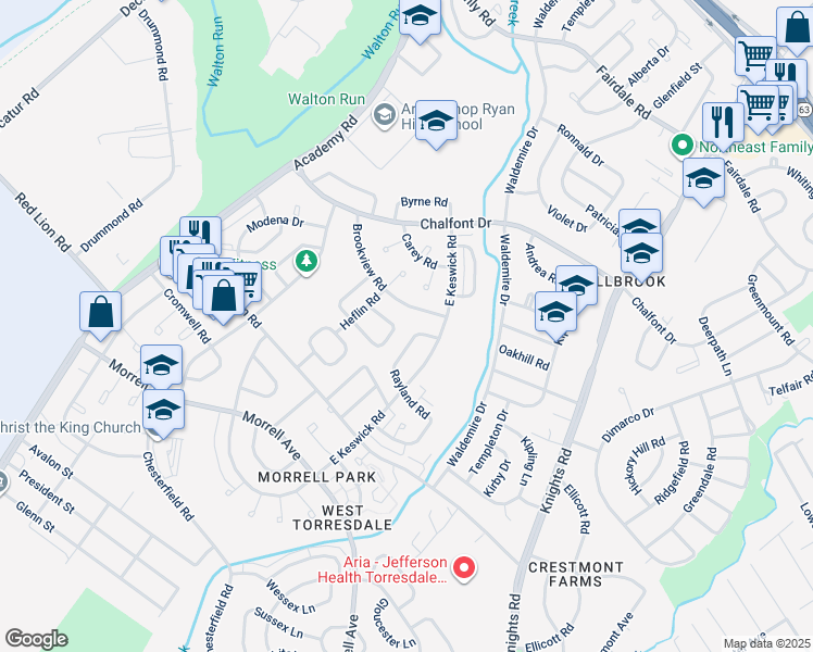 map of restaurants, bars, coffee shops, grocery stores, and more near 3592 Kyle Road in Philadelphia