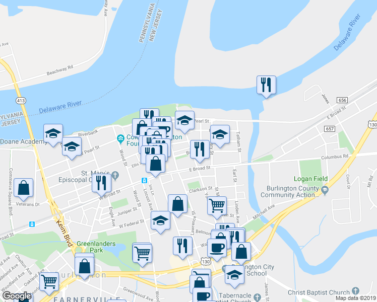 map of restaurants, bars, coffee shops, grocery stores, and more near 312 York Street in Burlington