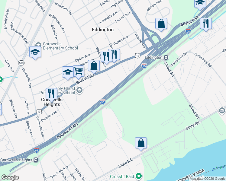 map of restaurants, bars, coffee shops, grocery stores, and more near Delaware Expressway in Bensalem