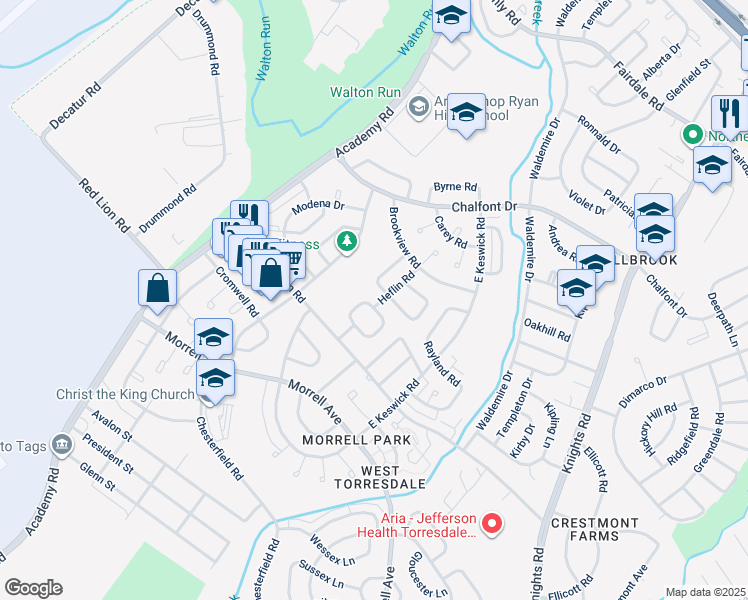 map of restaurants, bars, coffee shops, grocery stores, and more near 10844 Pelle Circle in Philadelphia
