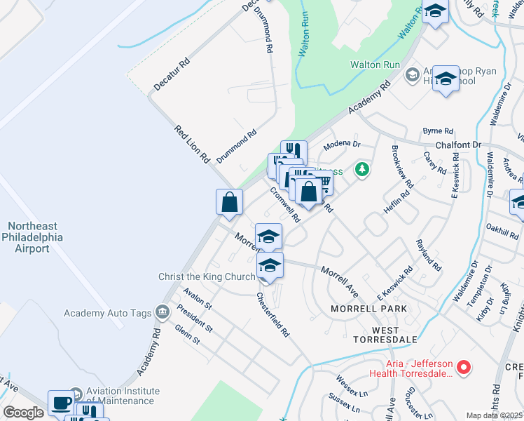 map of restaurants, bars, coffee shops, grocery stores, and more near 10214 Ambridge Place in Philadelphia