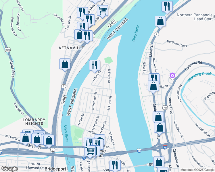 map of restaurants, bars, coffee shops, grocery stores, and more near 622 North Huron Street in Wheeling
