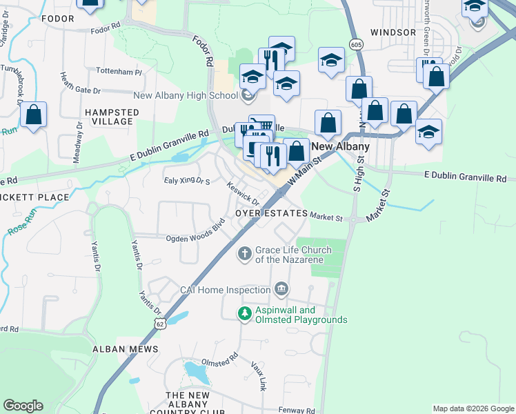 map of restaurants, bars, coffee shops, grocery stores, and more near 6125 Johnstown Road in New Albany