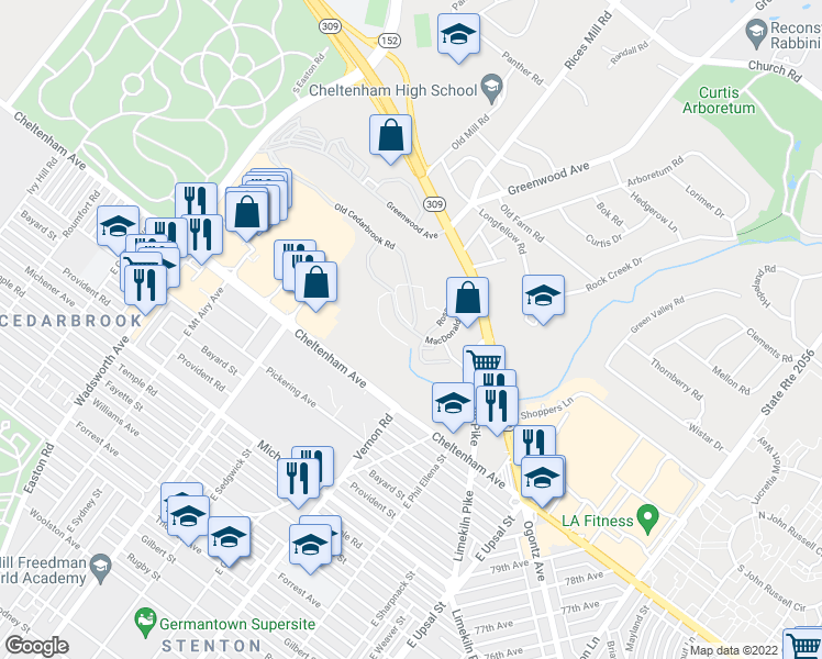 map of restaurants, bars, coffee shops, grocery stores, and more near 286 MacDonald Avenue in Wyncote