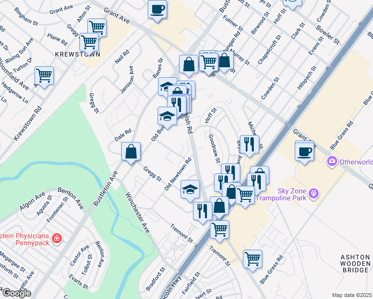 map of restaurants, bars, coffee shops, grocery stores, and more near 9211 Ambassador Place in Philadelphia
