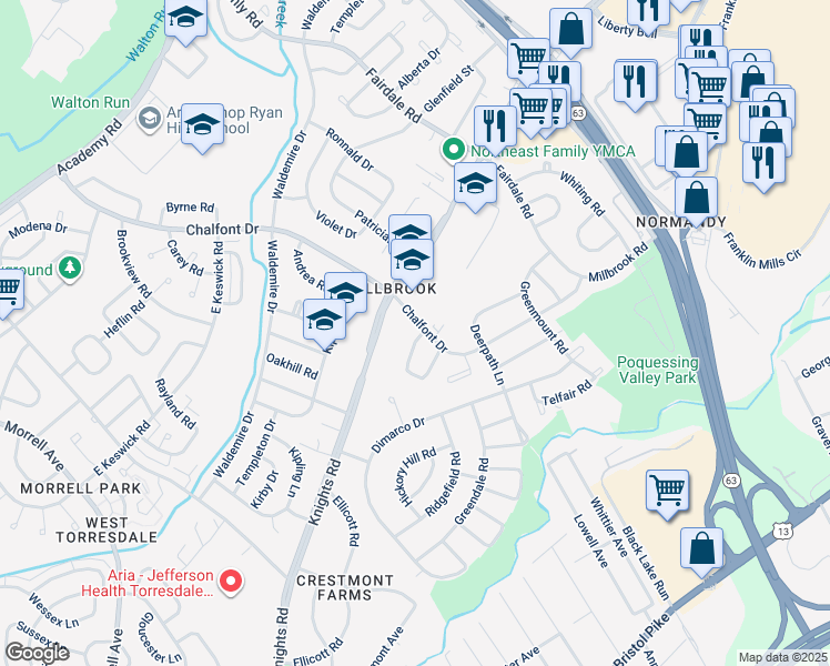 map of restaurants, bars, coffee shops, grocery stores, and more near 11138 Dora Drive in Philadelphia