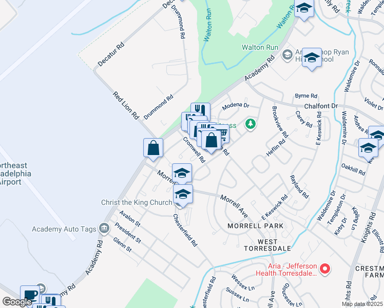 map of restaurants, bars, coffee shops, grocery stores, and more near 10222 Woburn Place in Philadelphia