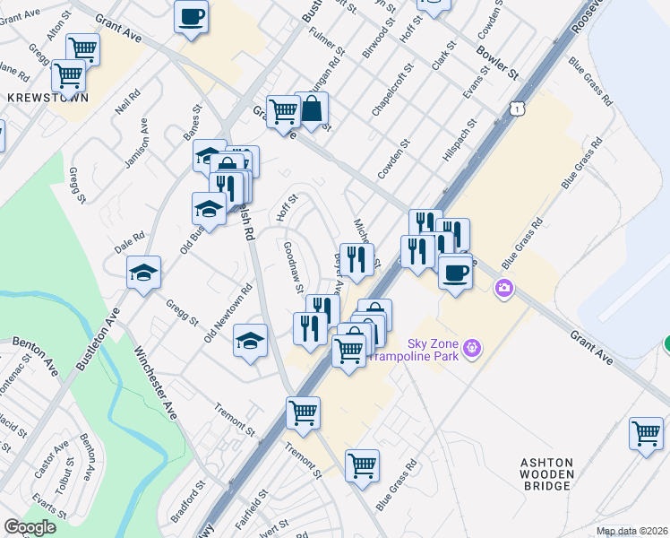 map of restaurants, bars, coffee shops, grocery stores, and more near 1859 Beyer Avenue in Philadelphia