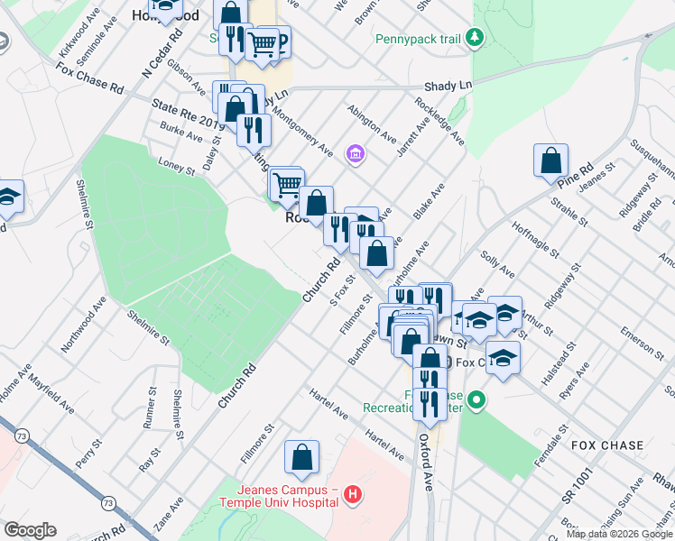 map of restaurants, bars, coffee shops, grocery stores, and more near 210 Huntingdon Pike in Rockledge
