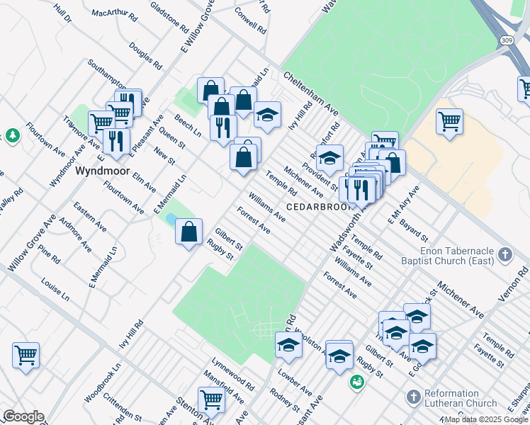 map of restaurants, bars, coffee shops, grocery stores, and more near 8606 Williams Avenue in Philadelphia