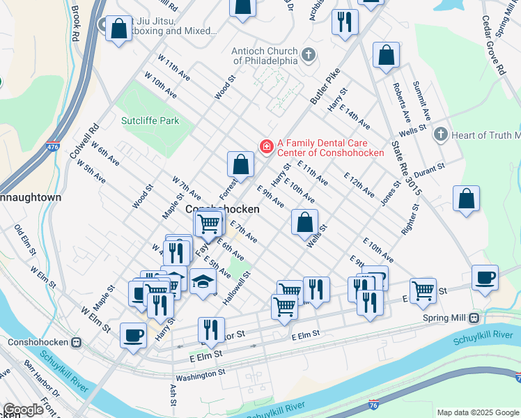 map of restaurants, bars, coffee shops, grocery stores, and more near 106 East 9th Avenue in Conshohocken