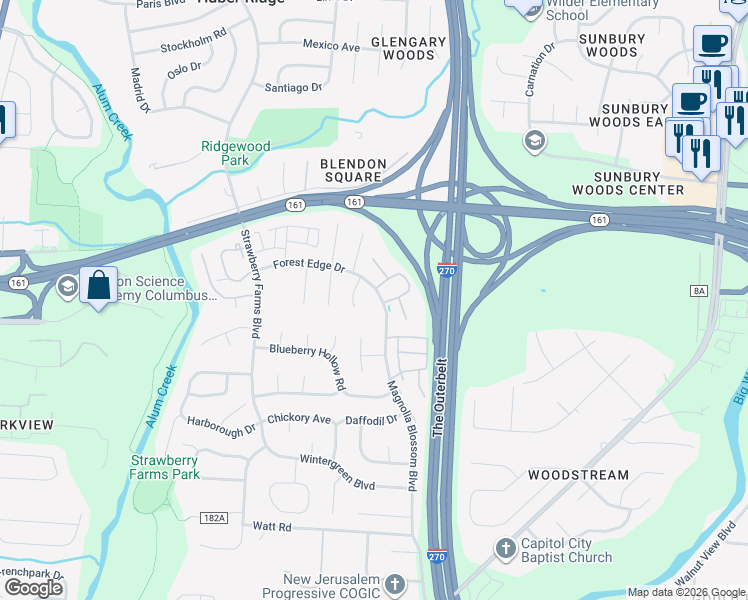 map of restaurants, bars, coffee shops, grocery stores, and more near 5305 Wood Lilly Court in Columbus