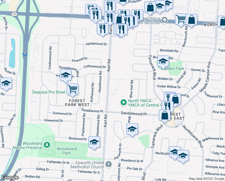 map of restaurants, bars, coffee shops, grocery stores, and more near 5554 Karl Road in Columbus